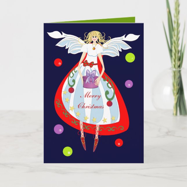 Cute Christmas Angel with Gift & Text card (Front)