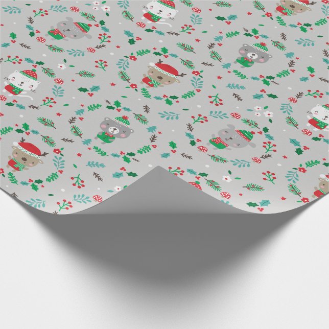 Cute Christmas Animal Wreaths Grey Wrapping Paper (Corner)