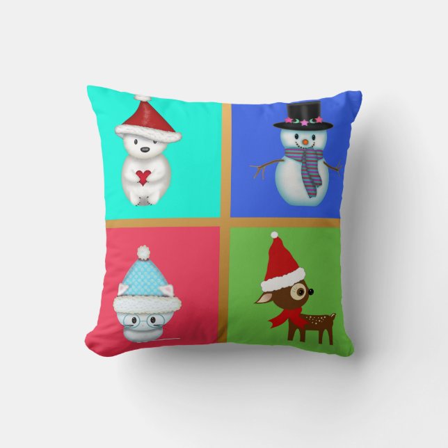 Cute Christmas Animals and a Snowman Cushion (Front)