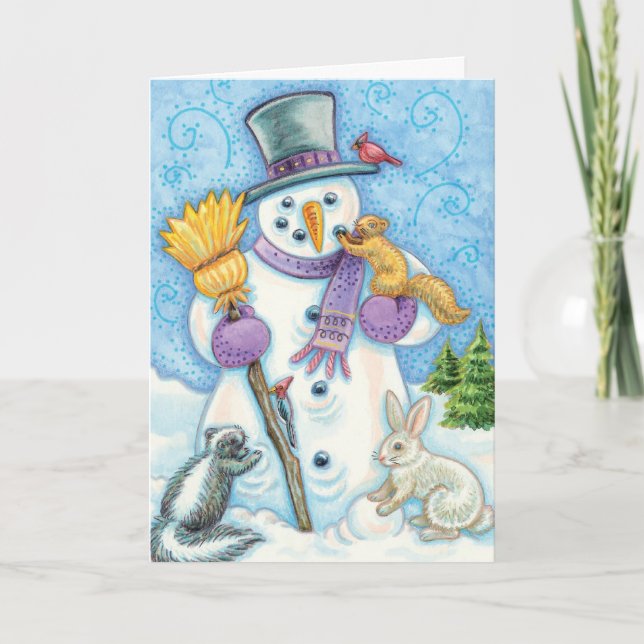Cute Christmas Animals Building a Snowman Holiday Card (Front)