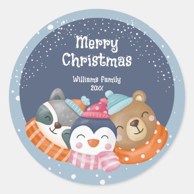 Cute Christmas Animals  Classic Round Sticker (Front)