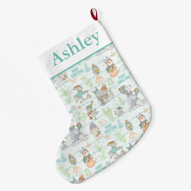 Cute christmas Animals Large Christmas Stocking (Back (Hanging))