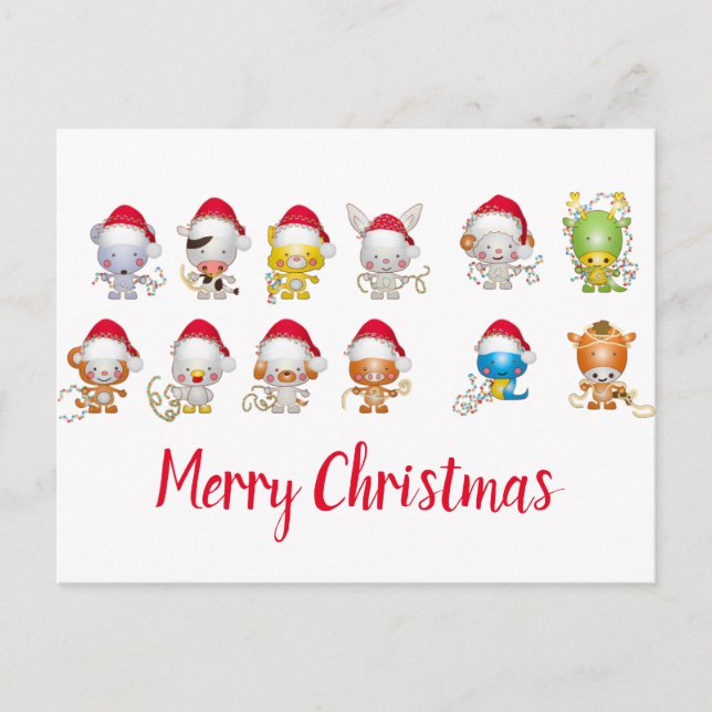 Cute Christmas Animals Santa Hat  Holiday Postcard (Front)
