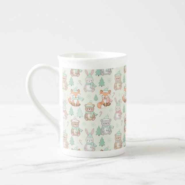 Cute Christmas Animals Seamless Pattern Bone China Mug (Left)