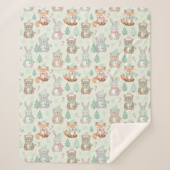Cute Christmas Animals Seamless Pattern Sherpa Blanket (Front)