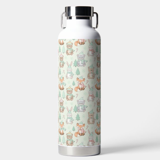 Cute Christmas Animals Seamless Pattern Water Bottle (Front)