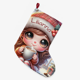 Cute Christmas Animated Girl Large Christmas Stocking