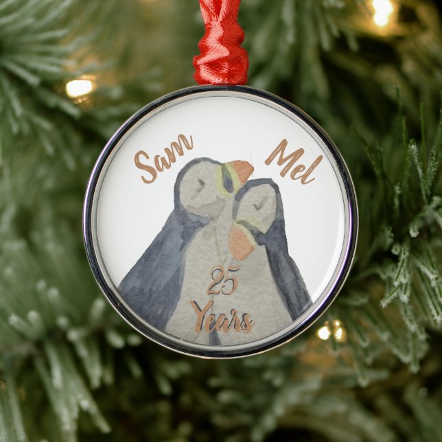 Cute Christmas Anniversary Puffins Metal Tree Decoration (Tree)