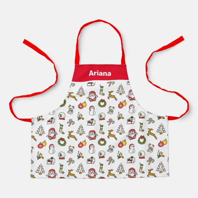 Cute Christmas Apron, Red Christmas Doodles Apron (Front)