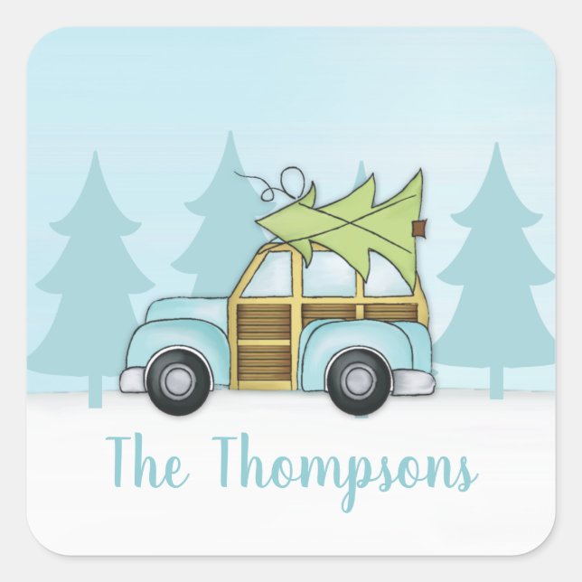 Cute Christmas Automobile Holiday Custom Name Square Sticker (Front)