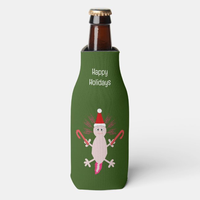 Cute Christmas Axolotl Custom Bottle Cooler (Bottle Front)