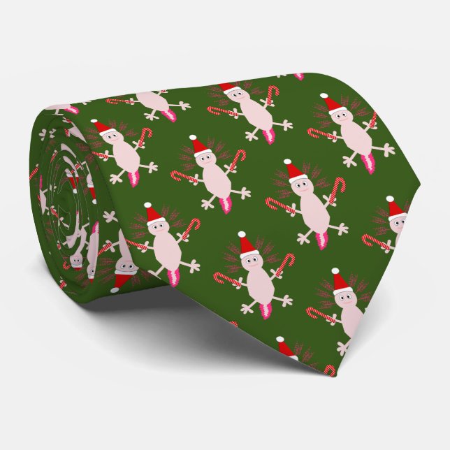 Cute Christmas Axolotl Patterned Tie (Rolled)