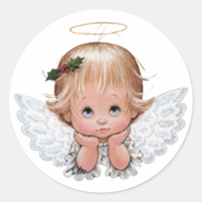 Cute Christmas Baby Angel Head In Hands Classic Round Sticker (Front)