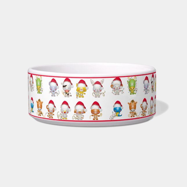 Cute Christmas Baby Animals Santa Hat Dog Cat Bowl (Front)