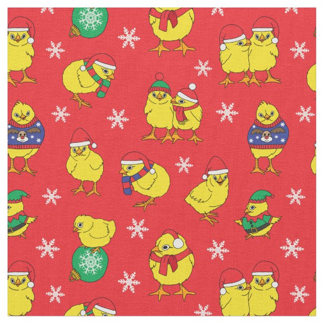 Cute Christmas Baby Chicks Red Festive Holidays Fabric (Close Up)