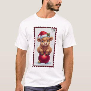 Cute Christmas Baby Cow with Santa Hat Sitting on T-Shirt