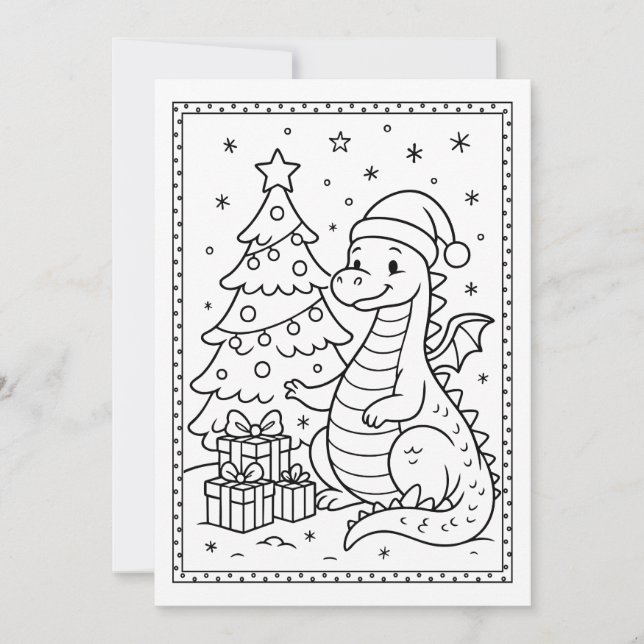 Cute Christmas Baby Dinosaur Colouring Flat Note Holiday Card (Front)