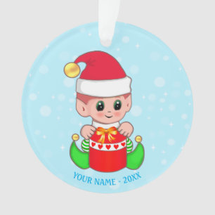 Cute Christmas Baby Elf, Custom Name on Light Blue Ornament