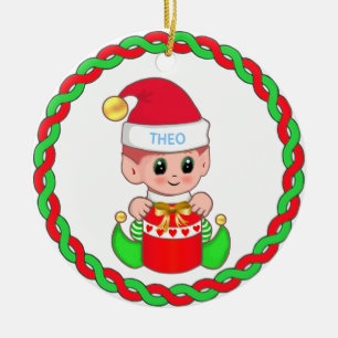 Cute Christmas Baby Elf & Green Red Garland Ceramic Tree Decoration
