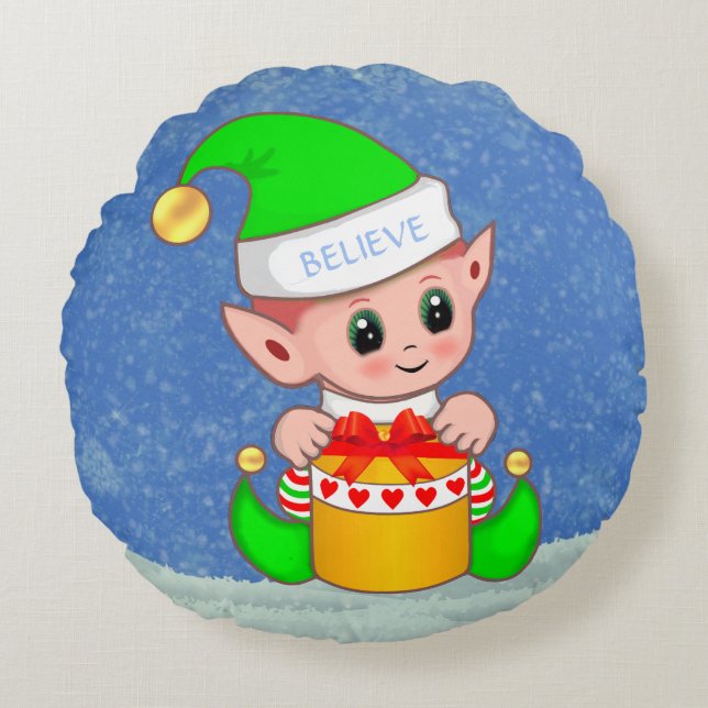 Cute Christmas Baby Elf on Light Blue Round Cushion (Front)