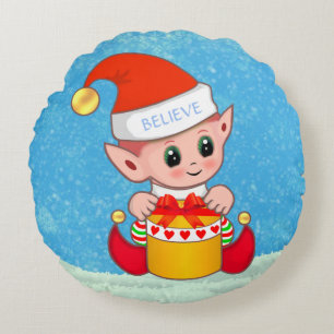 Cute Christmas Baby Elf on Light Blue Round Pillow