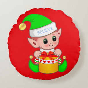 Cute Christmas Baby Elf on Red Round Cushion