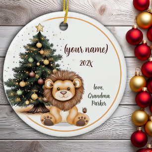 Cute Christmas Baby Lion Personalised Kids Ceramic Tree Decoration