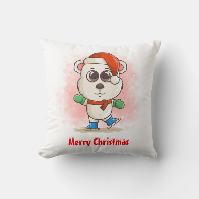 Cute Christmas Baby Polar Bear with Ice Skates Cushion (Front)