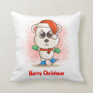 Cute Christmas Baby Polar Bear with Ice Skates Cushion