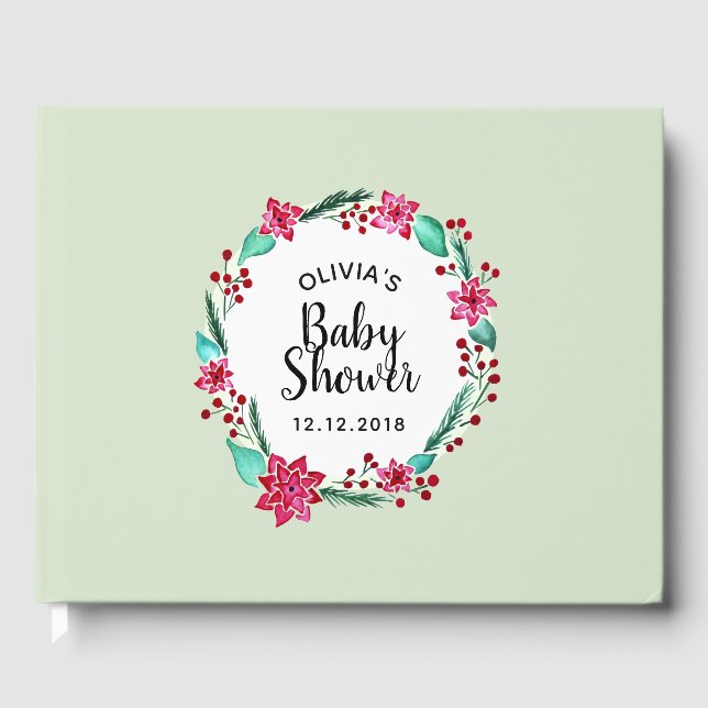 Cute Christmas Baby Shower Flower Wreath Guest Book (Front)