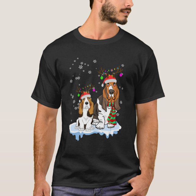 Cute Christmas Basset Hound Santa Hats Reindeer Do T-Shirt (Front)
