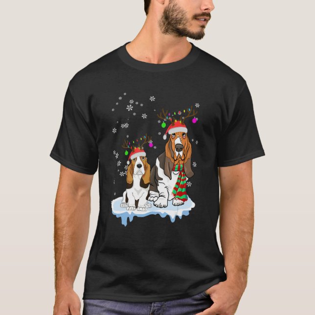 Cute Christmas Basset Hound Santa Hats Reindeer Do T-Shirt (Front)