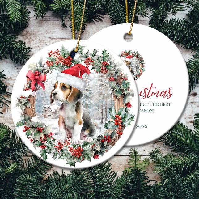 Cute Christmas beagle dog puppy Santa hat Ceramic Tree Decoration (Cute Christmas beagle dog puppy Santa hat Ceramic Ornament)