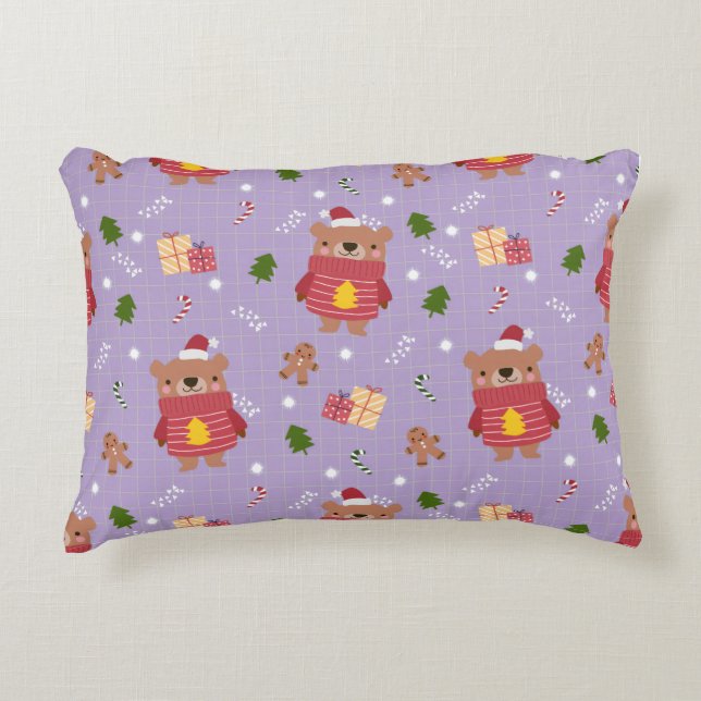 Cute Christmas Bear Pattern | Cozy Holiday Winter  Decorative Cushion (Front)