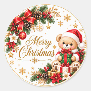 Cute Christmas Bear Santa Round Seal Merry Chris