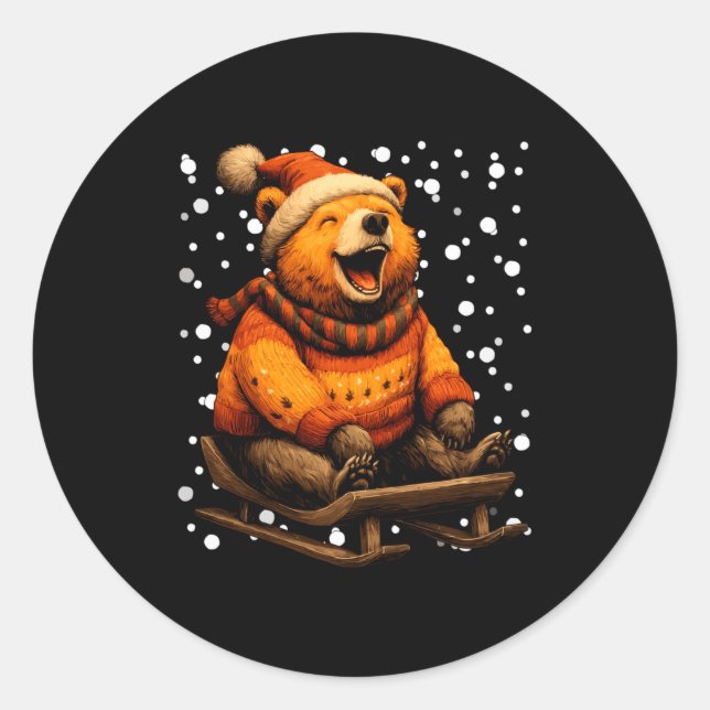 Cute Christmas Bear Sledding In Snow Funny Winter  Classic Round Sticker (Front)