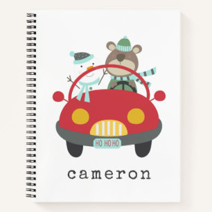 Cute Christmas Bear Snowman Red Car Custom Name Notebook