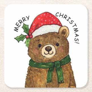 Cute christmas bear with santa hat square paper coaster