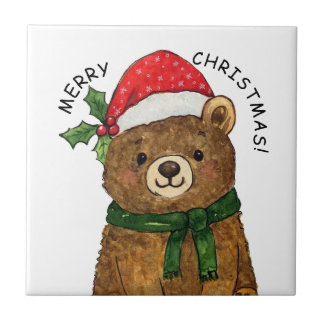 Cute christmas bear with santa hat tile
