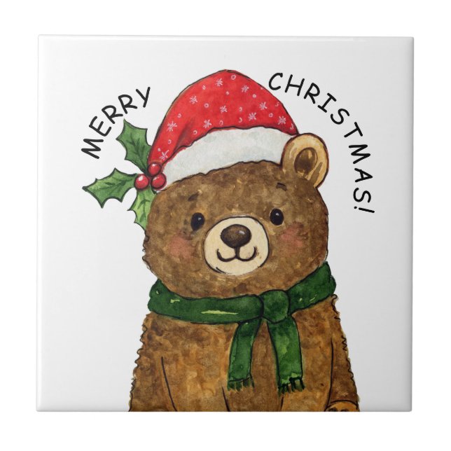 Cute christmas bear with santa hat tile (Front)
