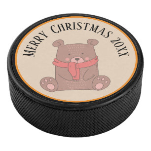 Cute Christmas Bear with Scarf Hockey Puck