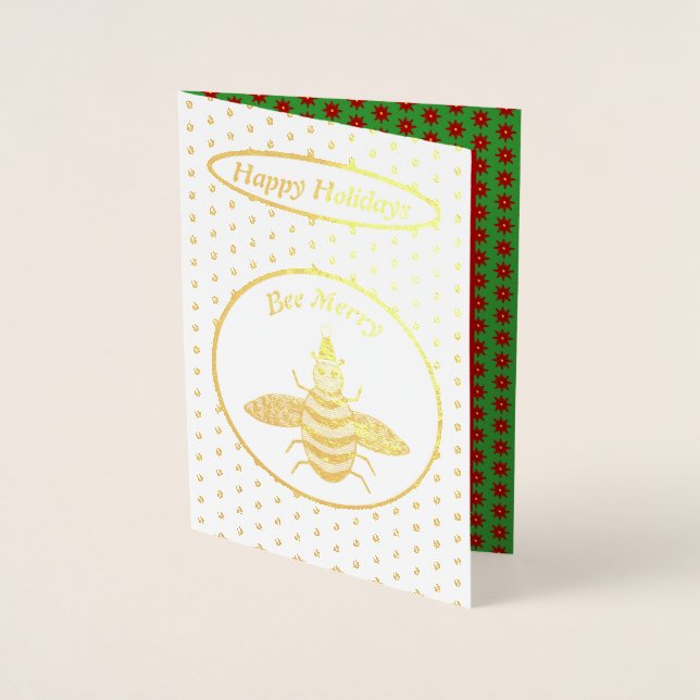 Cute Christmas Bee and Poinsettia Flowers Custom Foil Card (Front)