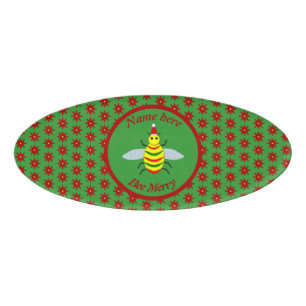 Cute Christmas Bee and Poinsettia Flowers Custom Name Tag