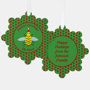 Cute Christmas Bee and Poinsettia Flowers Custom Tree Decoration Card