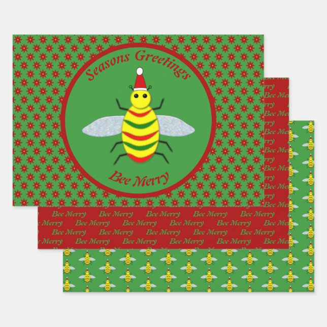 Cute Christmas Bee and Poinsettia Flowers Custom Wrapping Paper Sheet (Set)