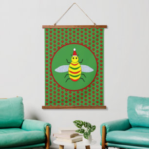 Cute Christmas Bee and Poinsettia Flowers Hanging Tapestry