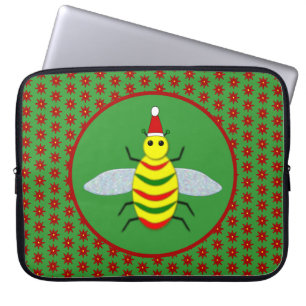 Cute Christmas Bee and Poinsettia Flowers Laptop Sleeve