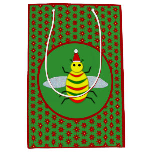 Cute Christmas Bee and Poinsettia Flowers Medium Gift Bag