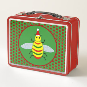 Cute Christmas Bee and Poinsettia Flowers Metal Lunch Box