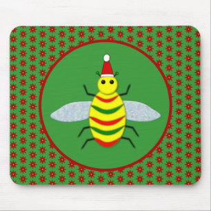 Cute Christmas Bee and Poinsettia Flowers Mouse Mat